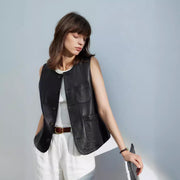 Women's Faux Leather Vest - Crew Neck, Diagonal Pocket
