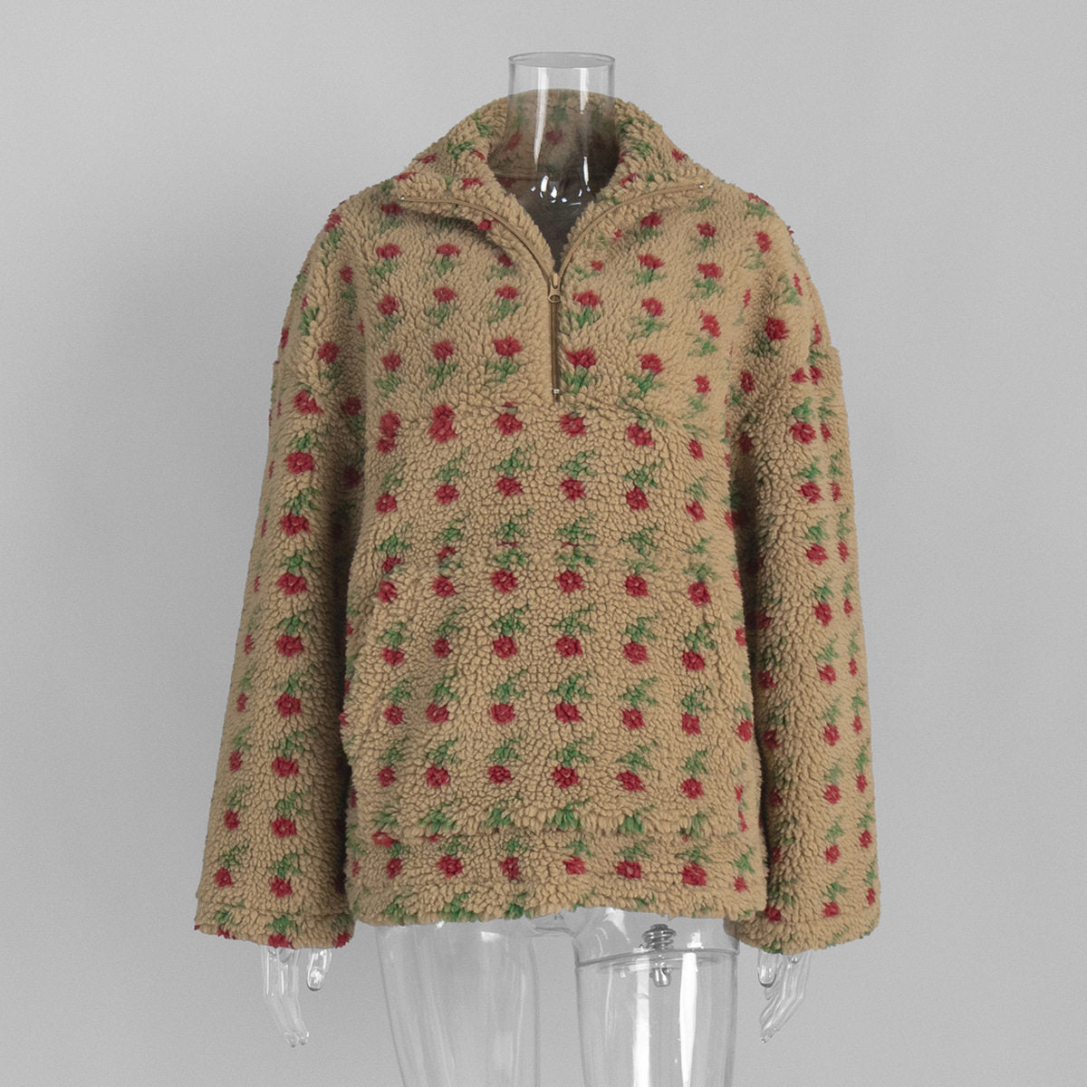Women's Plush Floral Half-Zip Top — Warm Fleece Flower Sweatshirt Coat