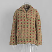 Women's Plush Floral Half-Zip Top — Warm Fleece Flower Sweatshirt Coat