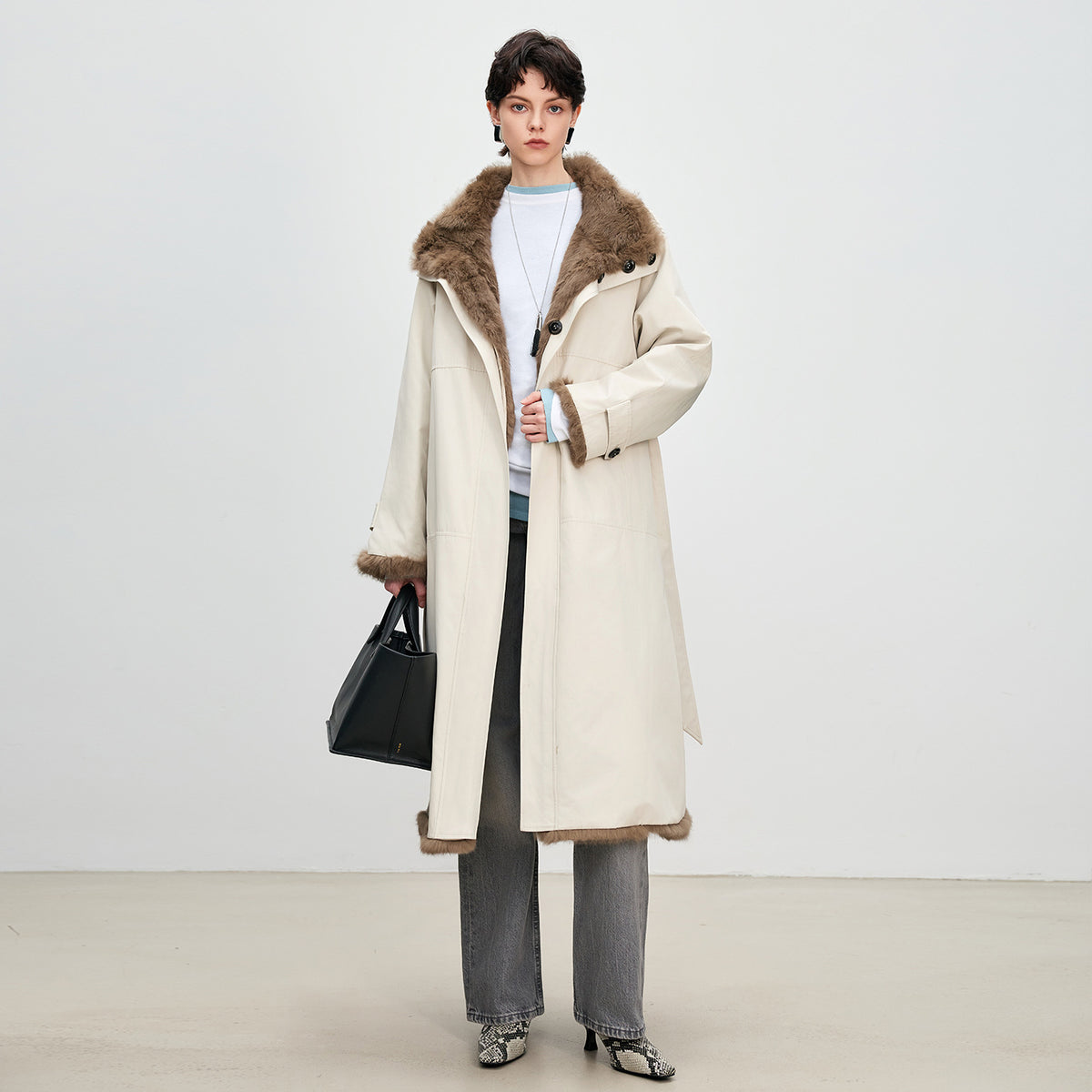 Women's Reversible Fur-Lined Long Coat - Rabbit Fur Inner