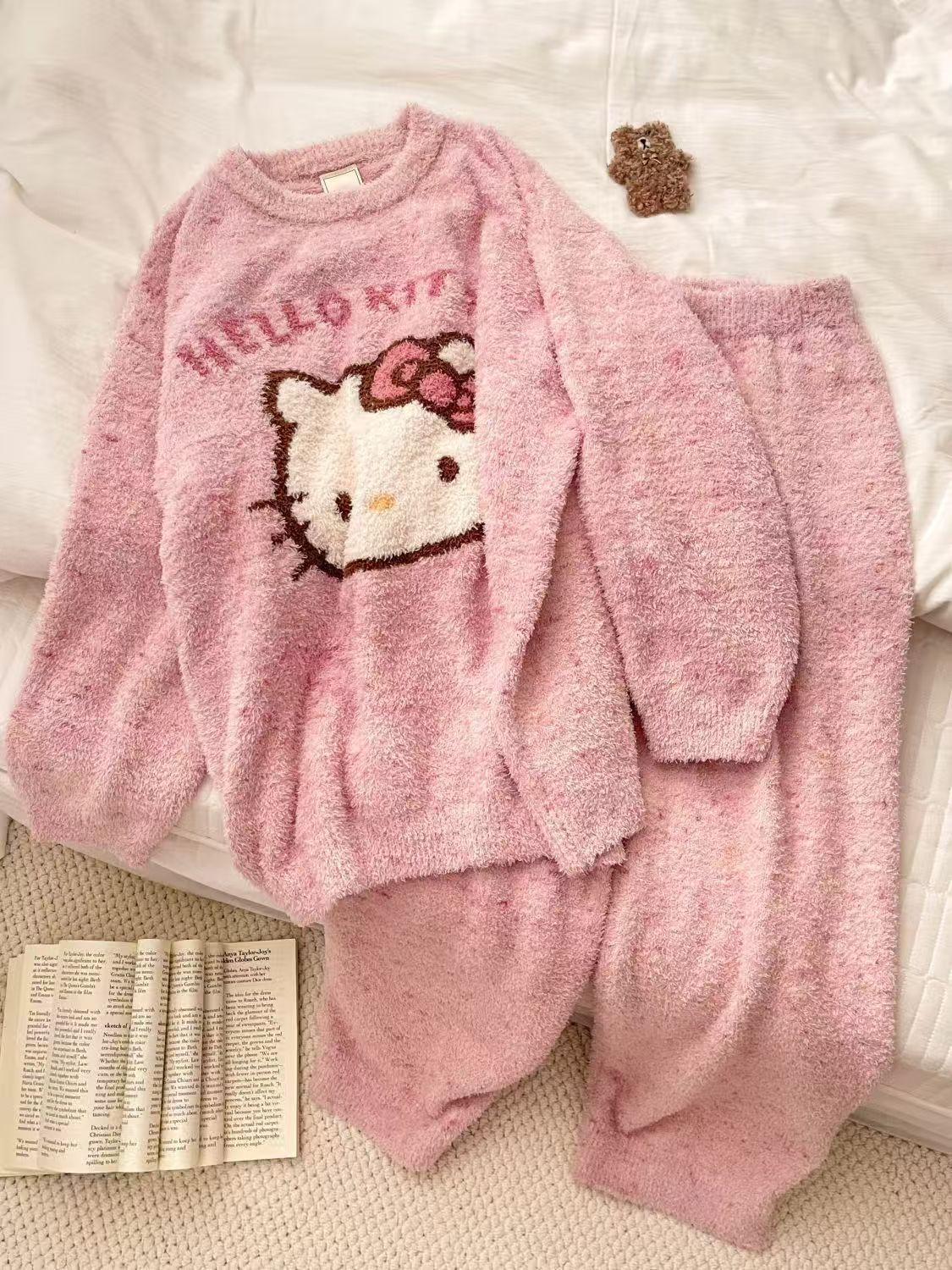 Women's Kitten Print Pyjama Suit — Thick Coral Velvet Fleece Loungewear