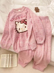 Women's Kitten Print Pyjama Suit — Thick Coral Velvet Fleece Loungewear