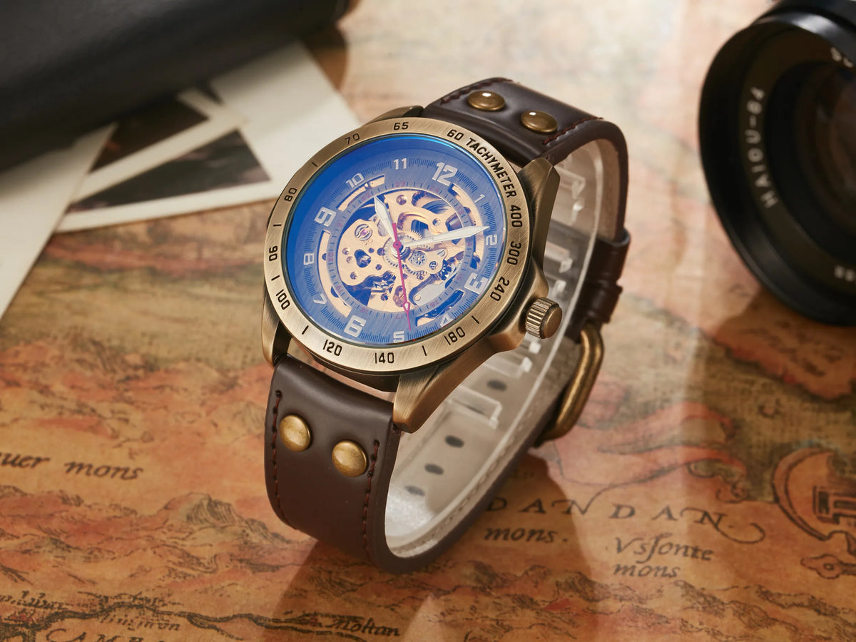 Retro Style Men Automatic Mechanical Watch Skeleton Steampunk Genuine Leather Band Mens Self Winding Wrist Watches Men Reloj