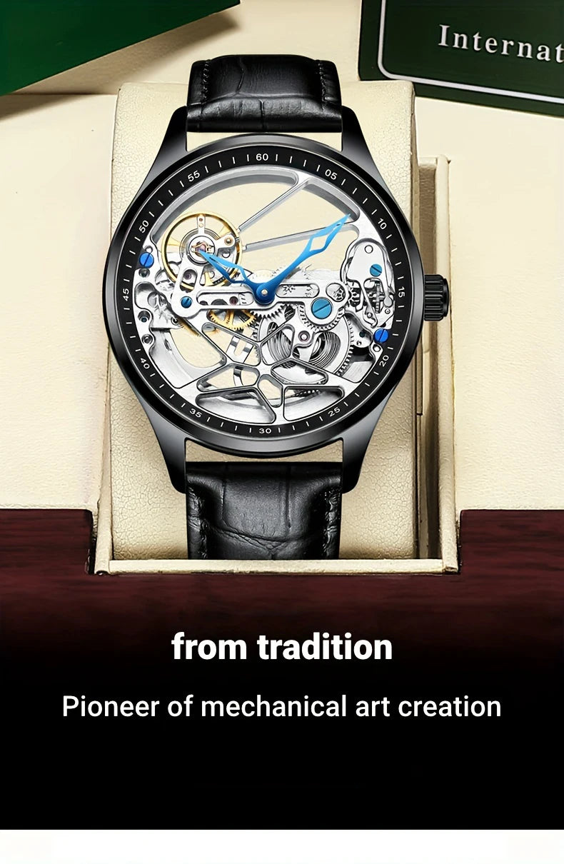 AILANG Men's Sports Automatic Watch – Leather Strap, Luminous Hollow Dial