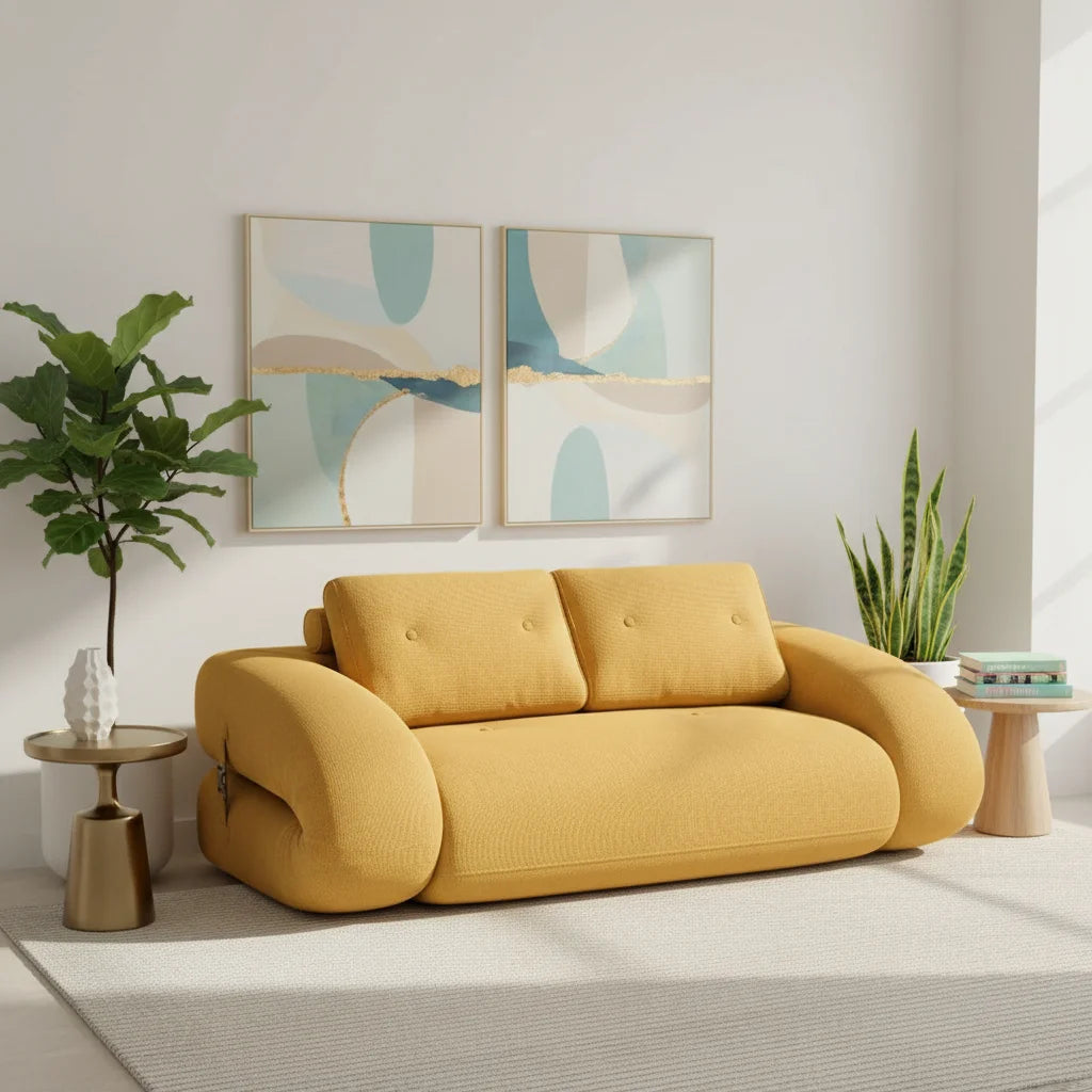 Textured Fabric Convertible Sofa Bed — 2-Seater L-Shape, Rounded Arms