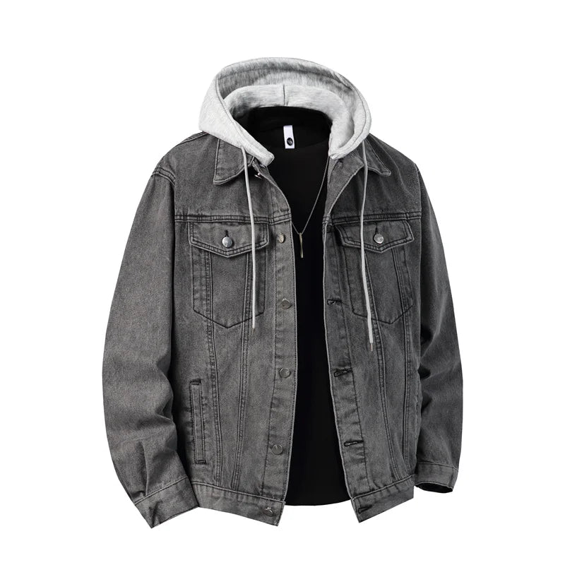 Men's Hooded Denim Jacket – Loose Streetwear Coat, Detachable Hood