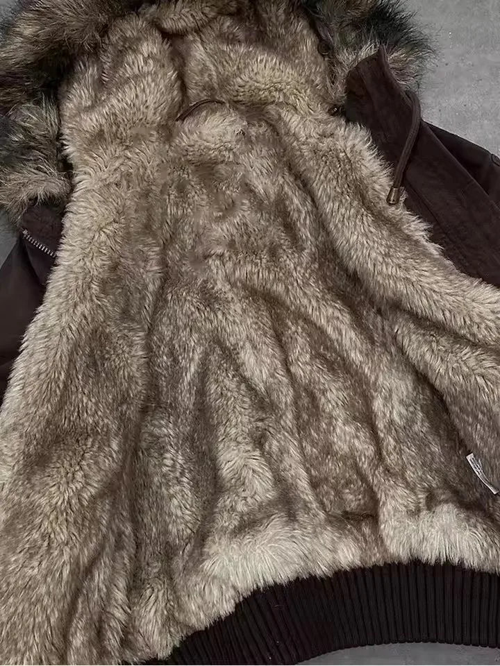 Women's Fleece-Lined Hooded Jacket – Vintage Winter Coat with Fur Collar