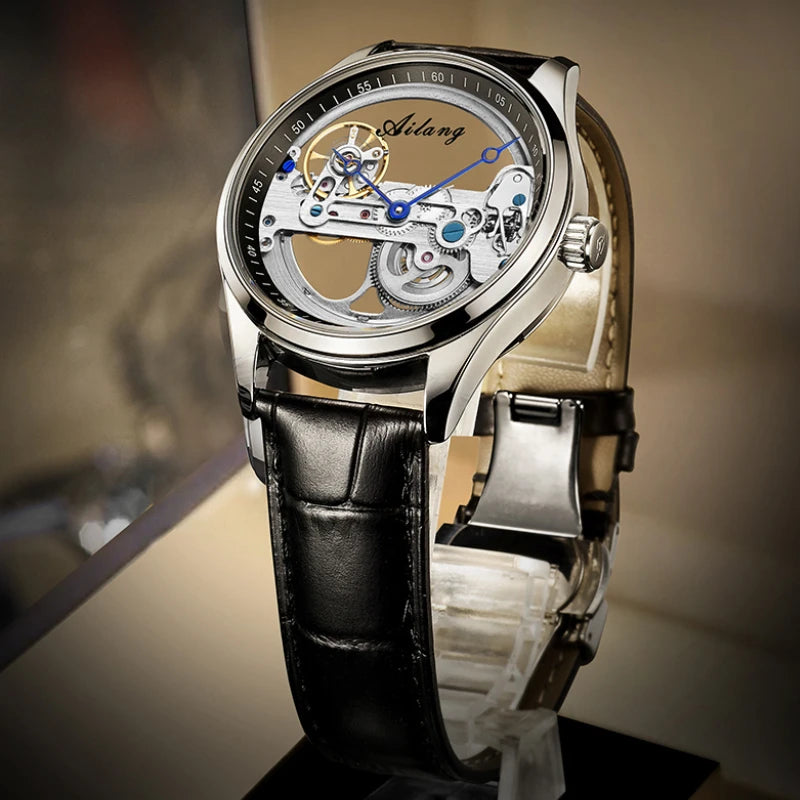 AILANG Men's Hollow Automatic Mechanical Watch – Black Leather, Skeleton Dial