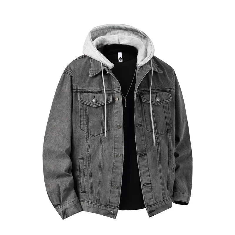 Men's Hooded Denim Jacket – Loose Streetwear Coat, Detachable Hood