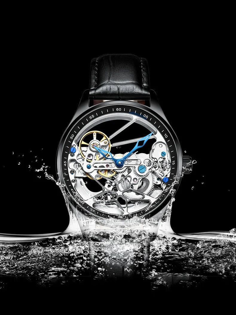 AILANG Men's Sports Automatic Watch – Leather Strap, Luminous Hollow Dial