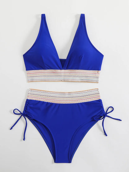 2024 Solid Color Drawstring Bikini Set Fashion High Waist Separate Patchwork Swimwear Drawstring Women Swimsuit Women