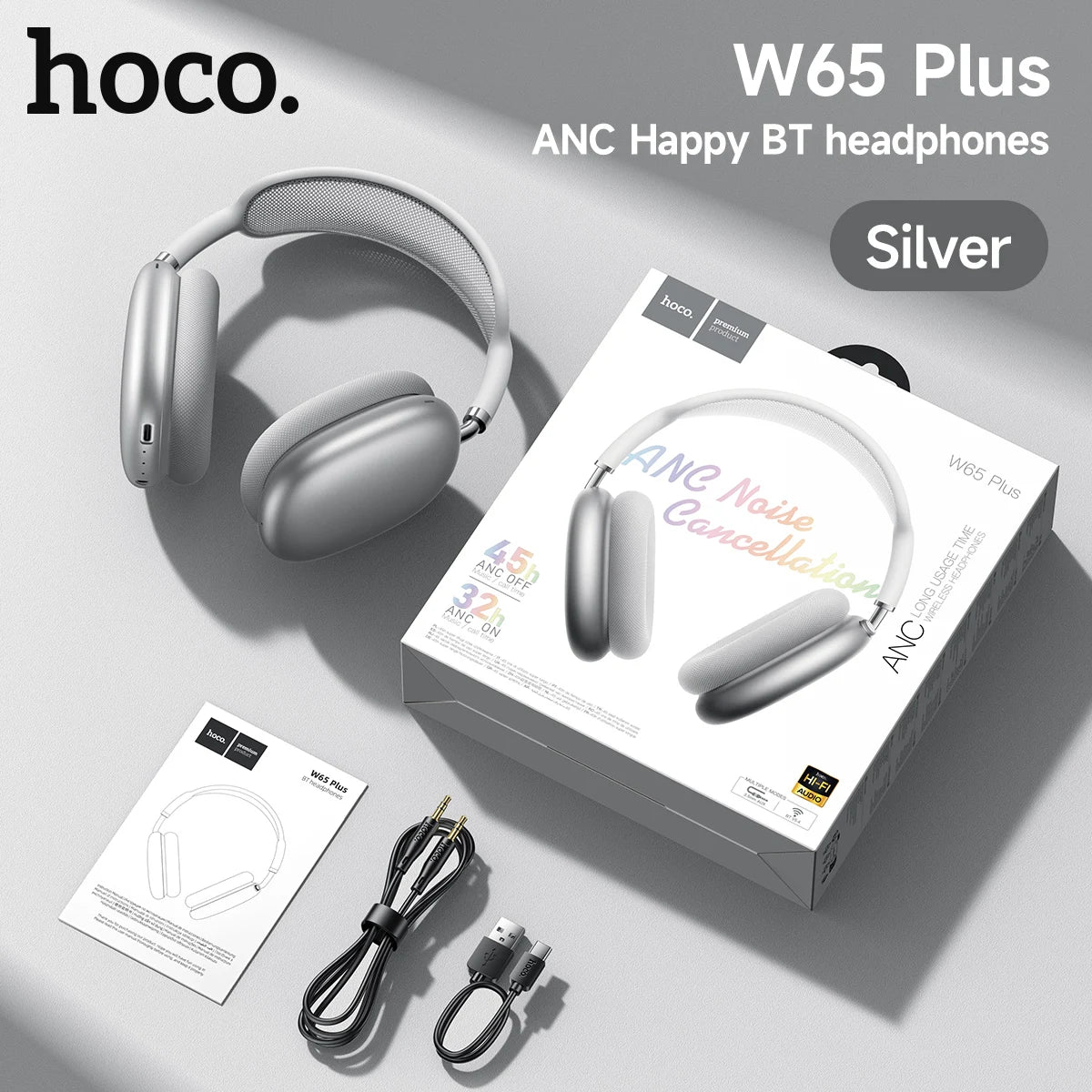 HOCO W65 Plus ANC Noise Reduction Bluetooth Headphones Over The Ear Wireless Big Earphone Hifi Sounds Sport Headsets With Button