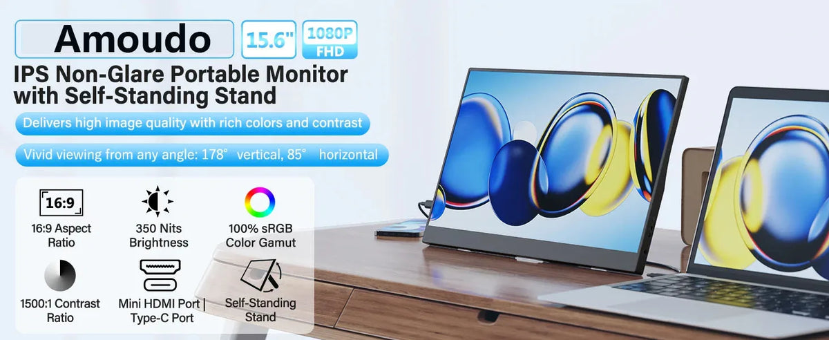 Amoudo 15.6" Portable Monitor – 1080p IPS Display, USB-C & Mini HDMI