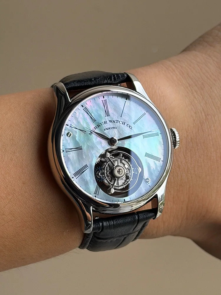Merkur Men's Tourbillon Watch – Sapphire, Mother of Pearl Dial, Waterproof, 42mm