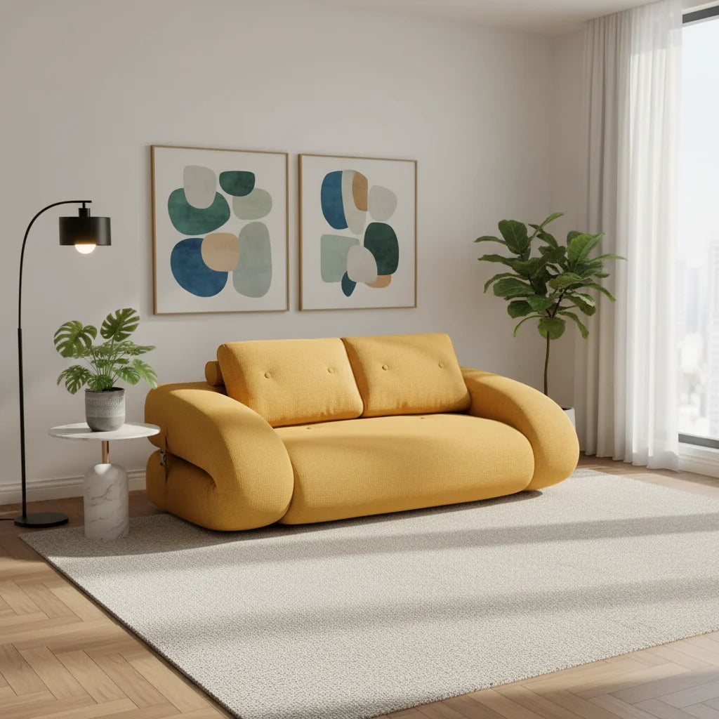 Textured Fabric Convertible Sofa Bed — 2-Seater L-Shape, Rounded Arms - photo 5