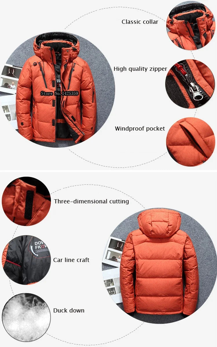 -20 Degree Winter Down Coat Men White Duck Down Parkas Jacket Mens Thick Warm Snow Parka Jacket Overcoat Windbreaker Warm Parkas