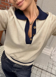 Women's Colour-Block Polo Neck Knit Top – Slim Fit Korean Style