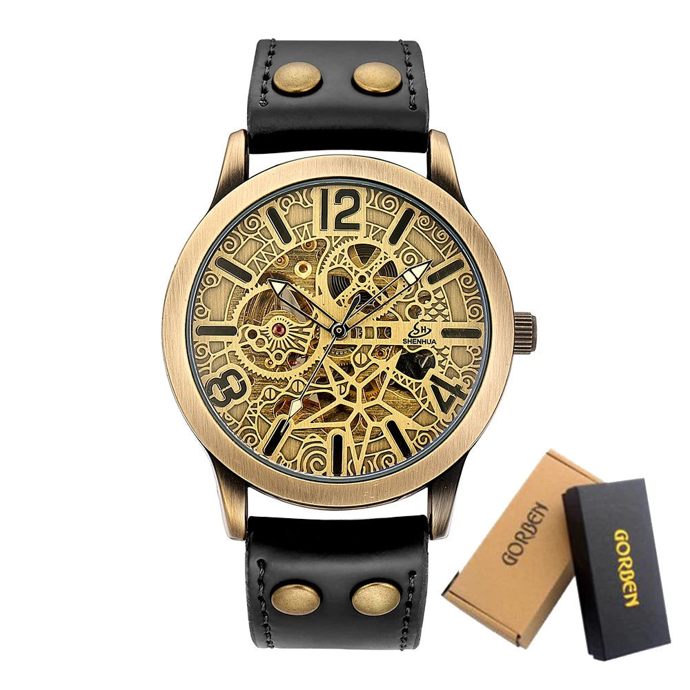 Retro Style Men Automatic Mechanical Watch Skeleton Steampunk Genuine Leather Band Mens Self Winding Wrist Watches Men Reloj