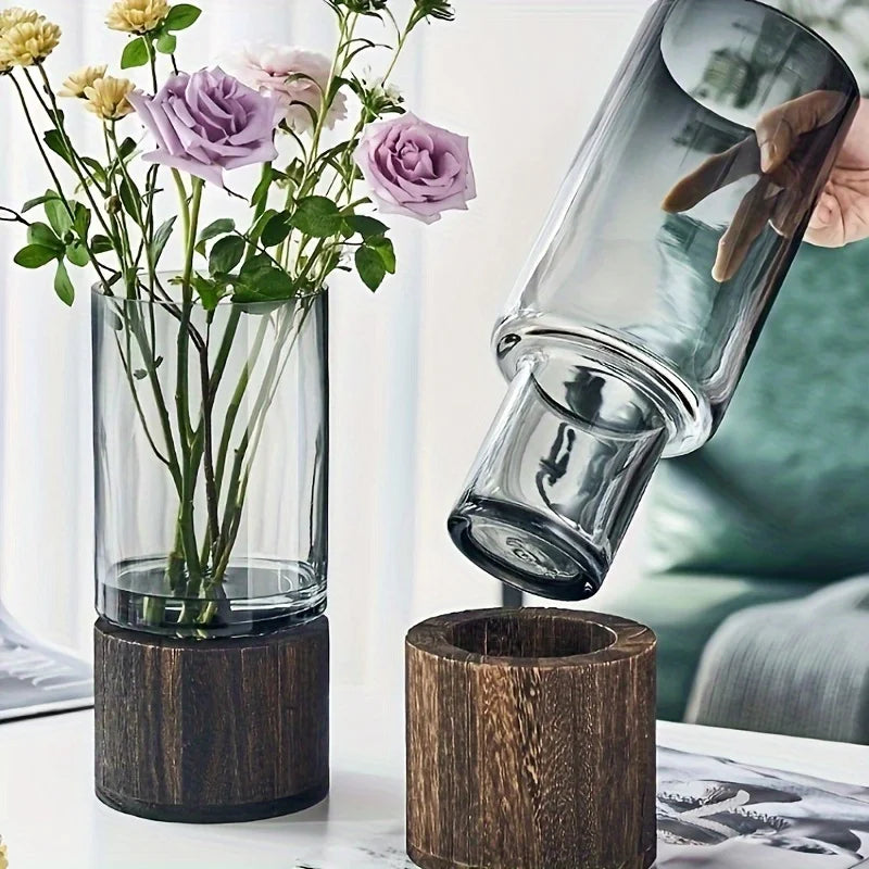 Elegant Glass Vase with Wooden Base – Hydroponic Plant Vase & Tabletop Decor
