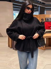 Women's Belted Wool-Blend Winter Coat – Asymmetric Lace-Up Design