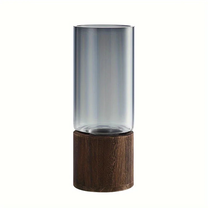 Elegant Glass Vase with Wooden Base – Hydroponic Plant Vase & Tabletop Decor