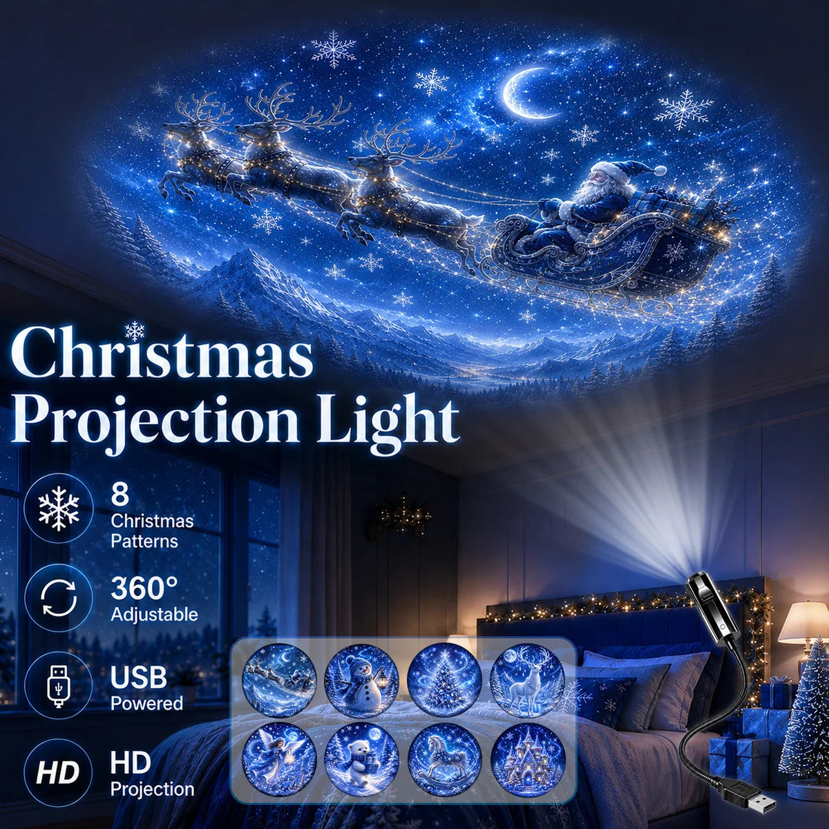 Christmas Projector Light – 8 Festive Patterns Night Light Display