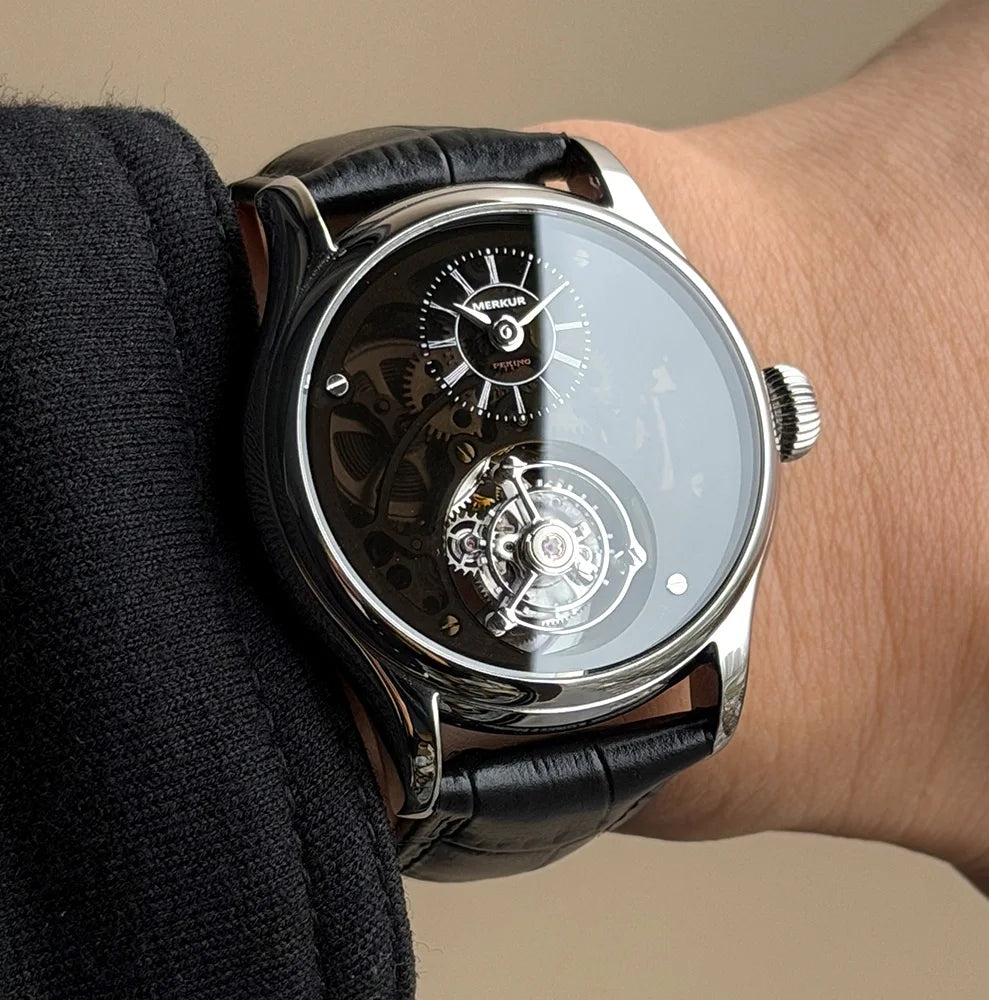 Merkur Men's Tourbillon Skeleton Watch – Sapphire, Transparent, 42mm