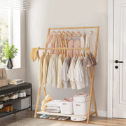 Bamboo Double-Rod Clothes Rack – Sturdy Garment Rail with Hooks