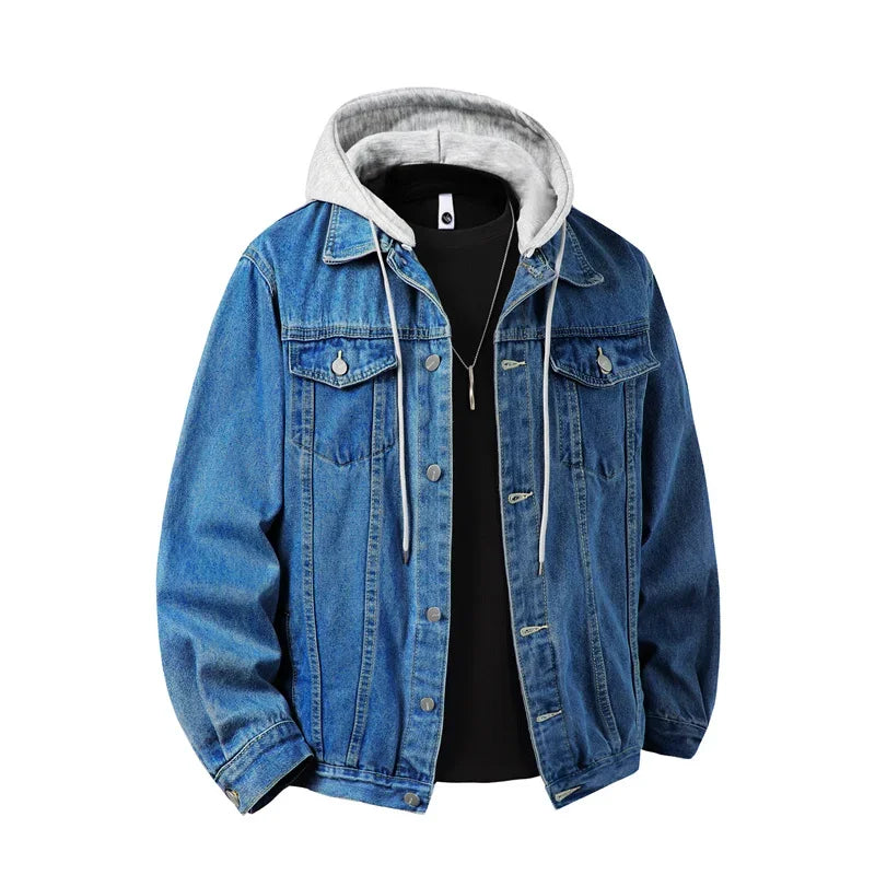 Men's Hooded Denim Jacket – Loose Streetwear Coat, Detachable Hood