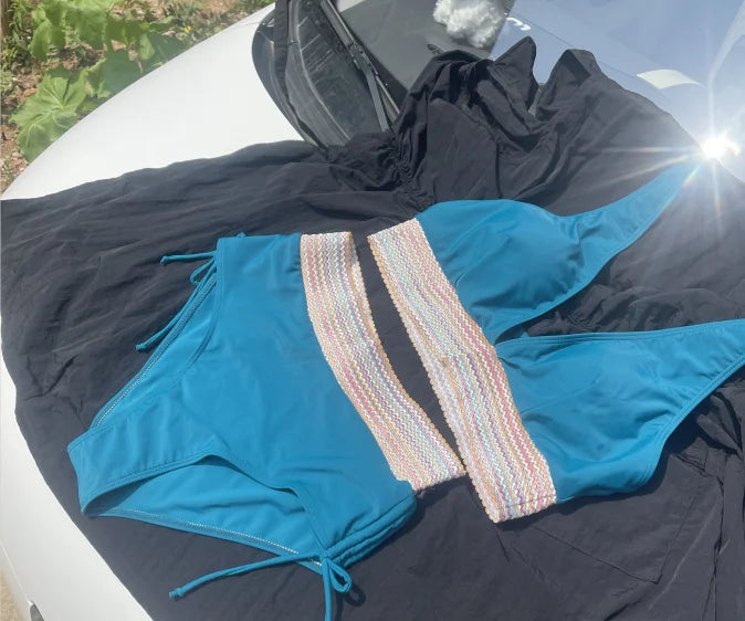2024 Solid Color Drawstring Bikini Set Fashion High Waist Separate Patchwork Swimwear Drawstring Women Swimsuit Women