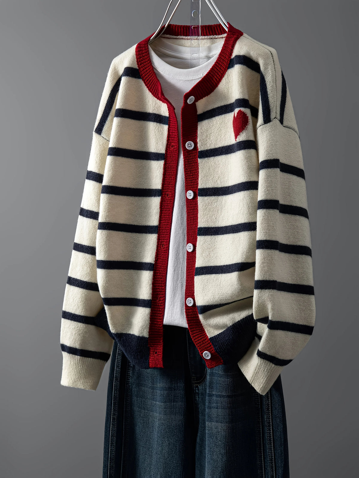 Women's Striped Heart Knit Cardigan – Cute Button-Front Sweater