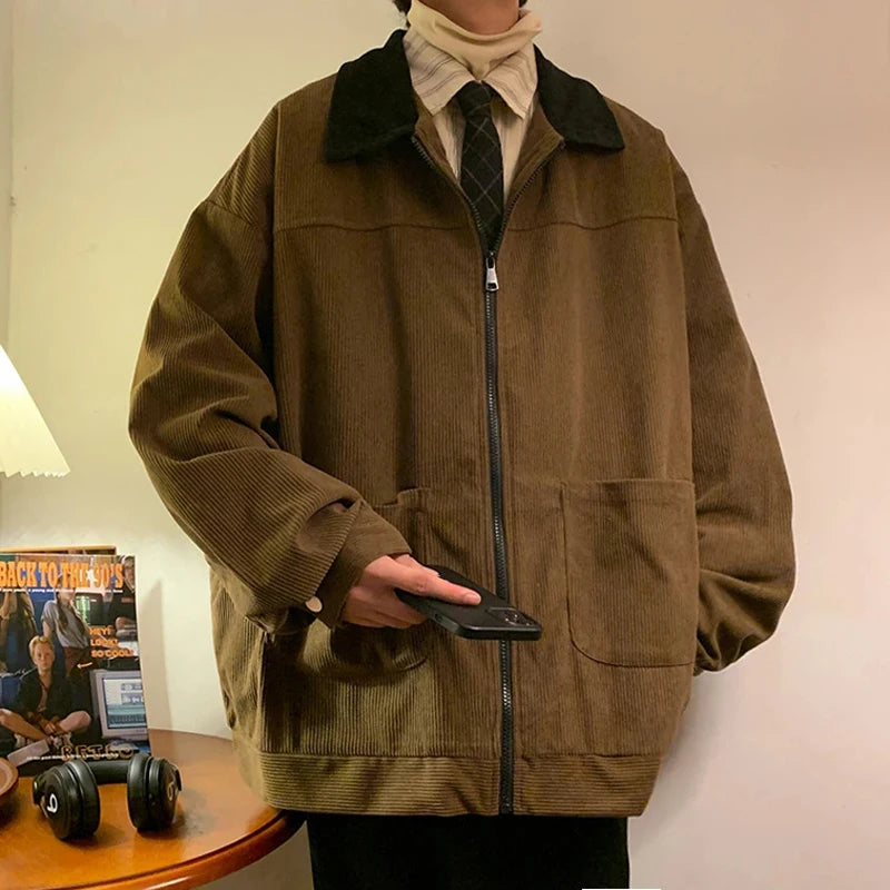 Men's Vintage Corduroy Jacket – Loose Fit Zip-Up Casual Coat