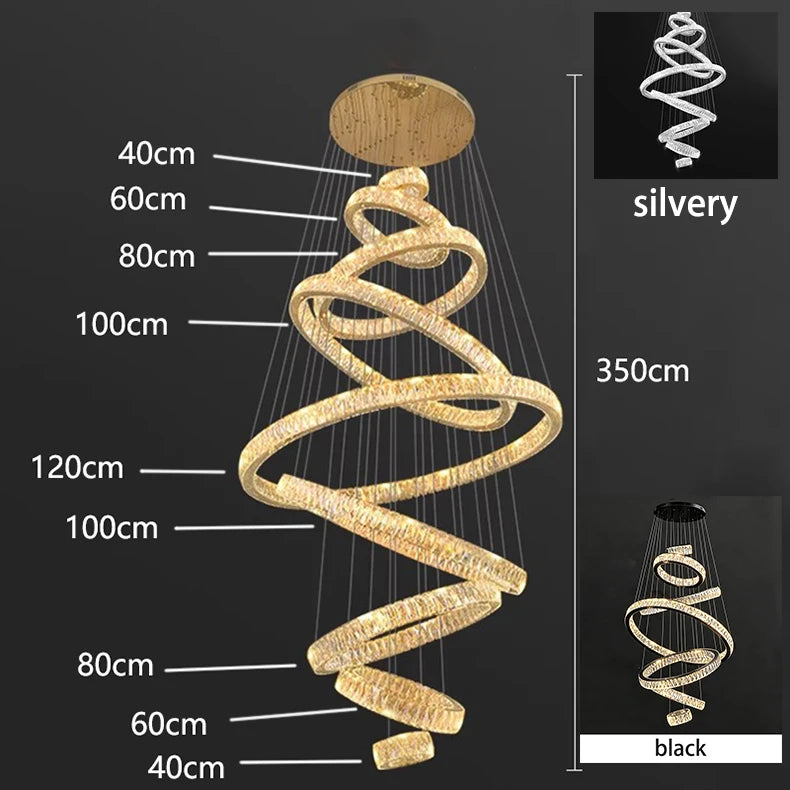 Crystal Ring Chandelier — Luxury Staircase Pendant, Remote Dimming