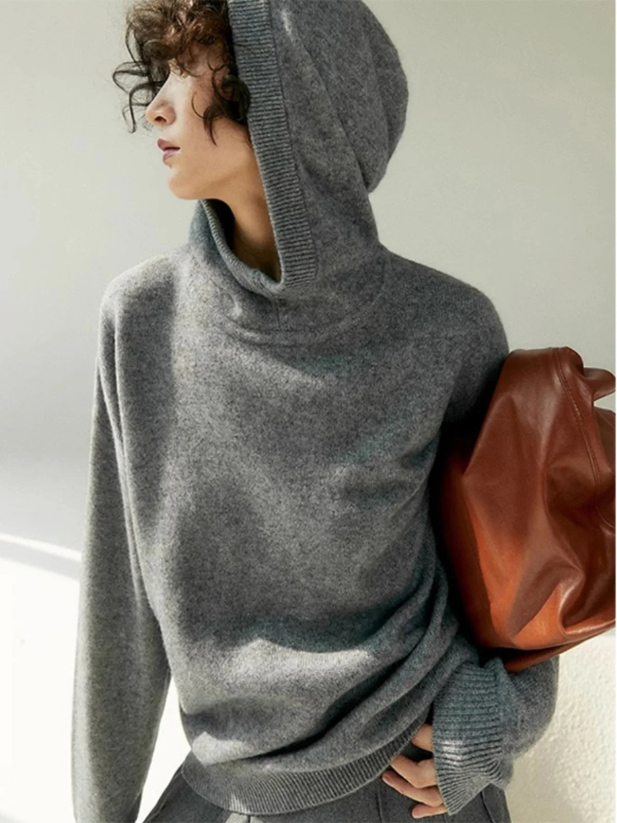 Women's Grey Hooded Cashmere-Blend Pullover – Warm Winter Jumper