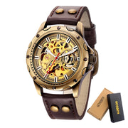Retro Style Men Automatic Mechanical Watch Skeleton Steampunk Genuine Leather Band Mens Self Winding Wrist Watches Men Reloj