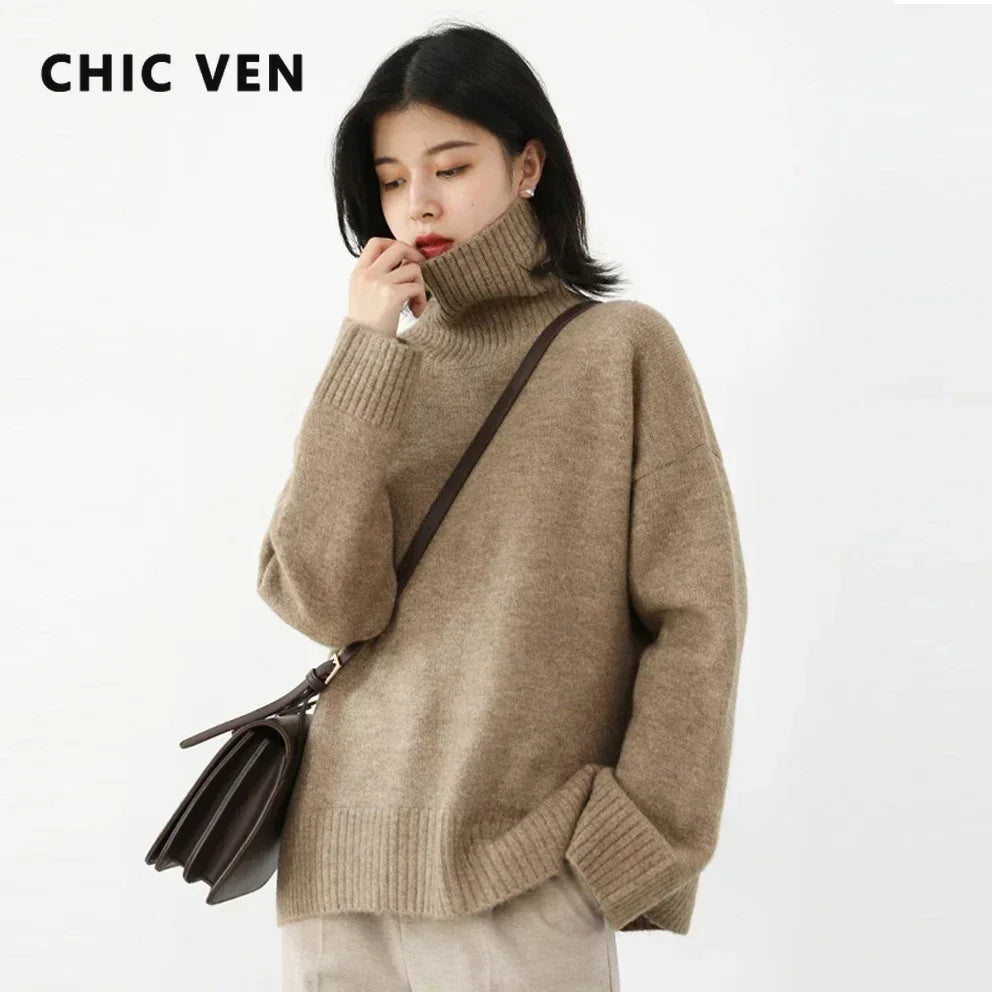CHIC VEN Women's Loose Turtleneck Jumper – Warm Knitted Winter Sweater