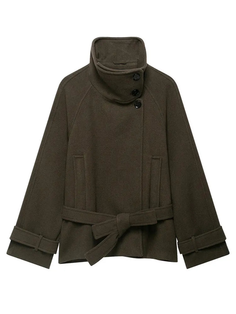 Women's Belted Wool-Blend Winter Coat – Asymmetric Lace-Up Design