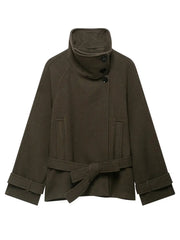 Women's Belted Wool-Blend Winter Coat – Asymmetric Lace-Up Design