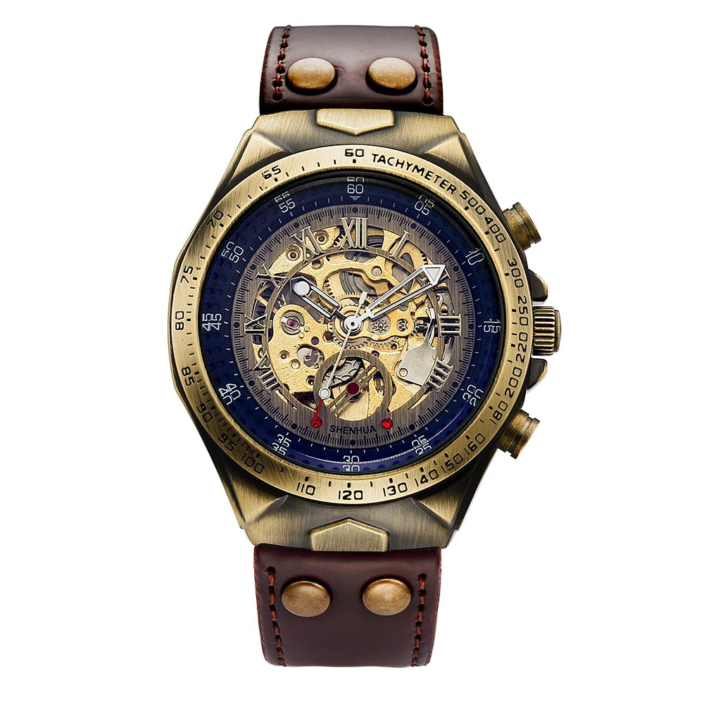 Retro Style Men Automatic Mechanical Watch Skeleton Steampunk Genuine Leather Band Mens Self Winding Wrist Watches Men Reloj