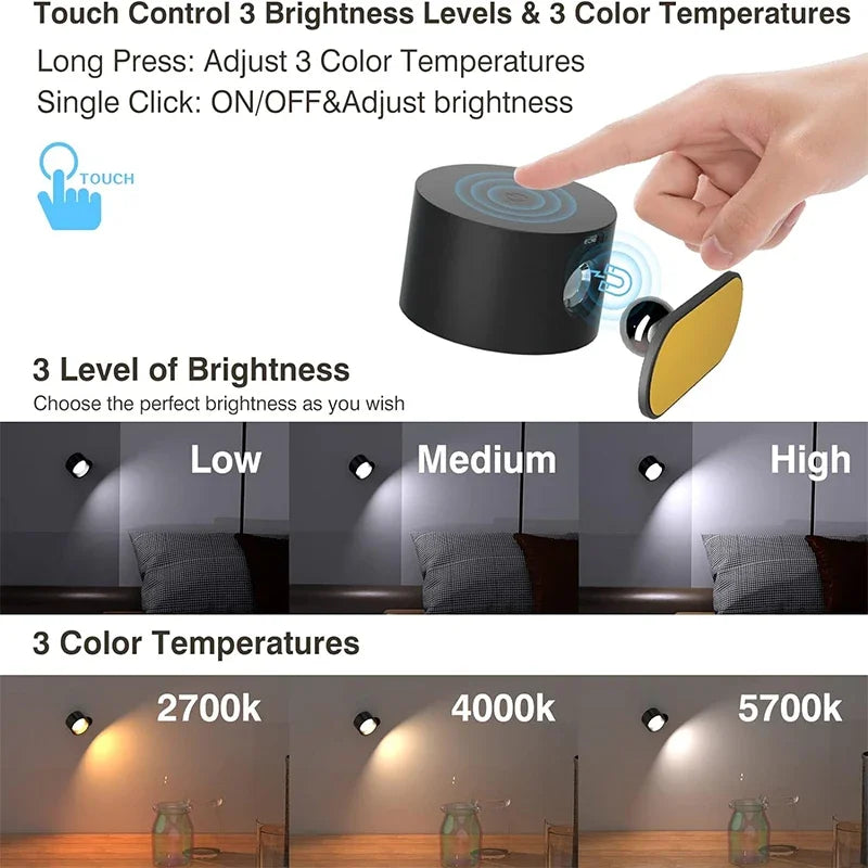 Rechargeable LED Wall Sconces – Dimmable Magnetic Lamps, 360° Rotation