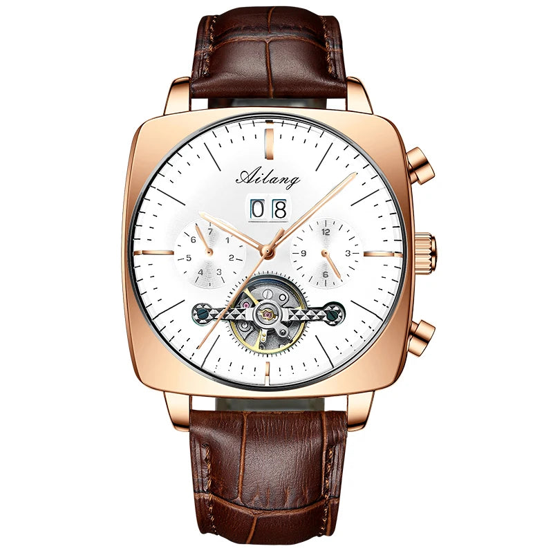 AILANG Men's Automatic Mechanical Watch – Hollow Dial, Calendar, Leather Strap