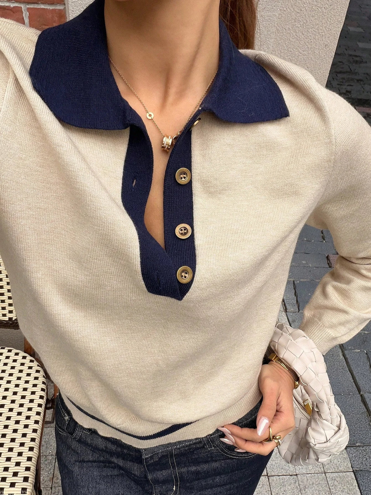 Women's Colour-Block Polo Neck Knit Top – Slim Fit Korean Style