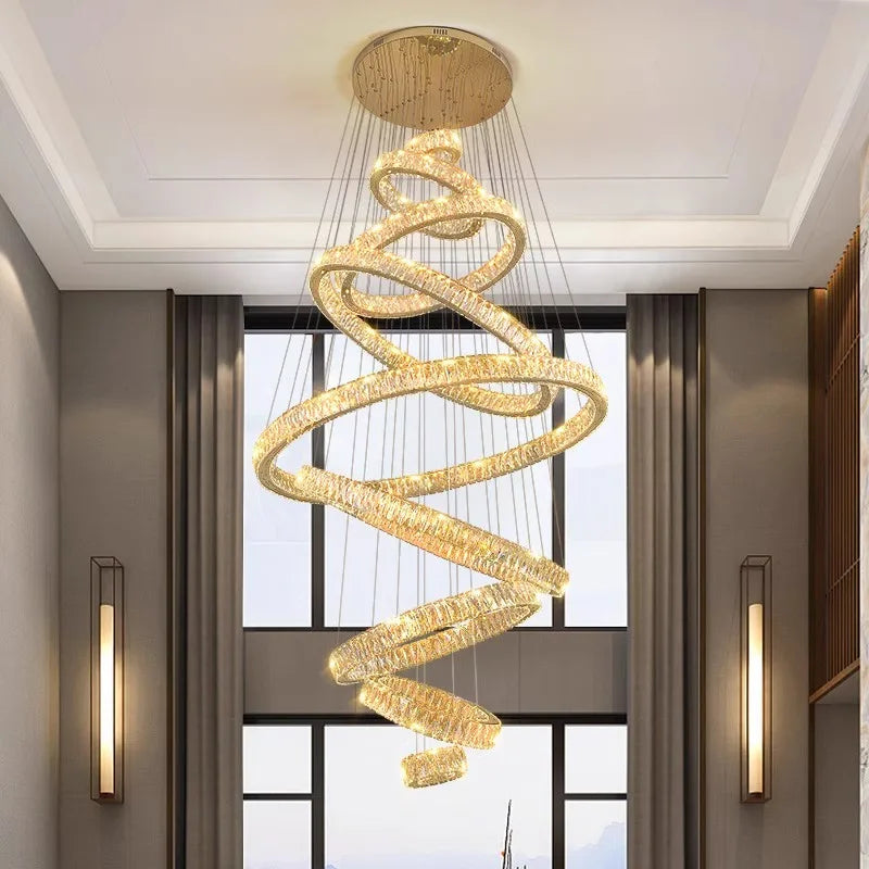 Crystal Ring Chandelier — Luxury Staircase Pendant, Remote Dimming