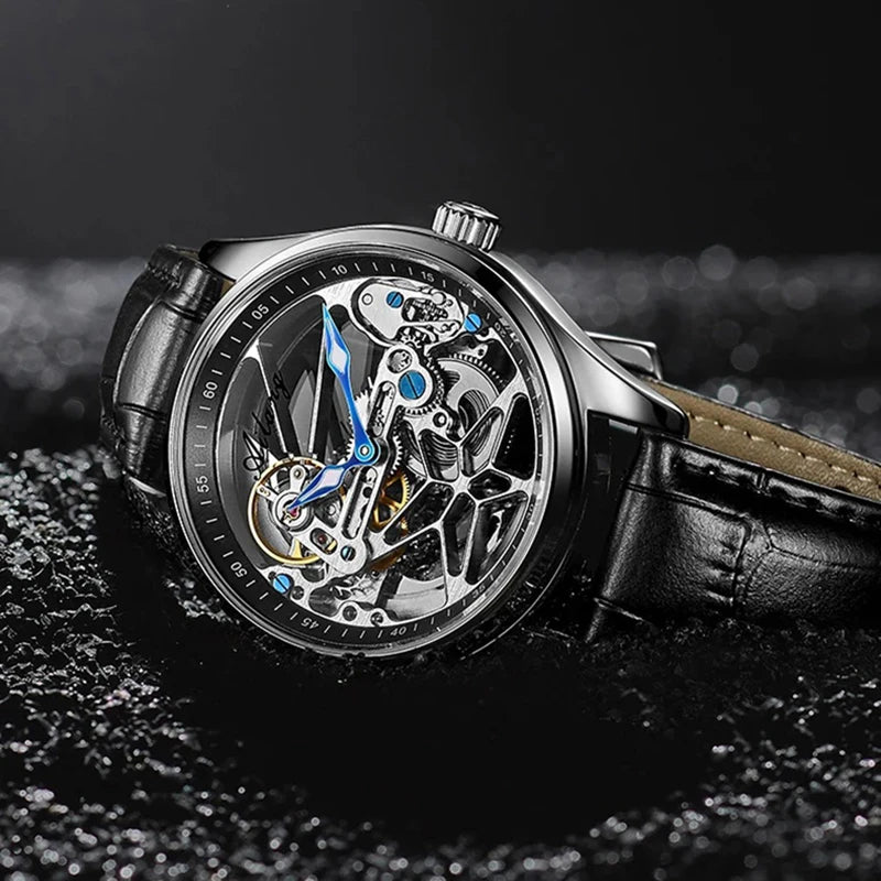AILANG Men's Sports Automatic Watch – Leather Strap, Luminous Hollow Dial