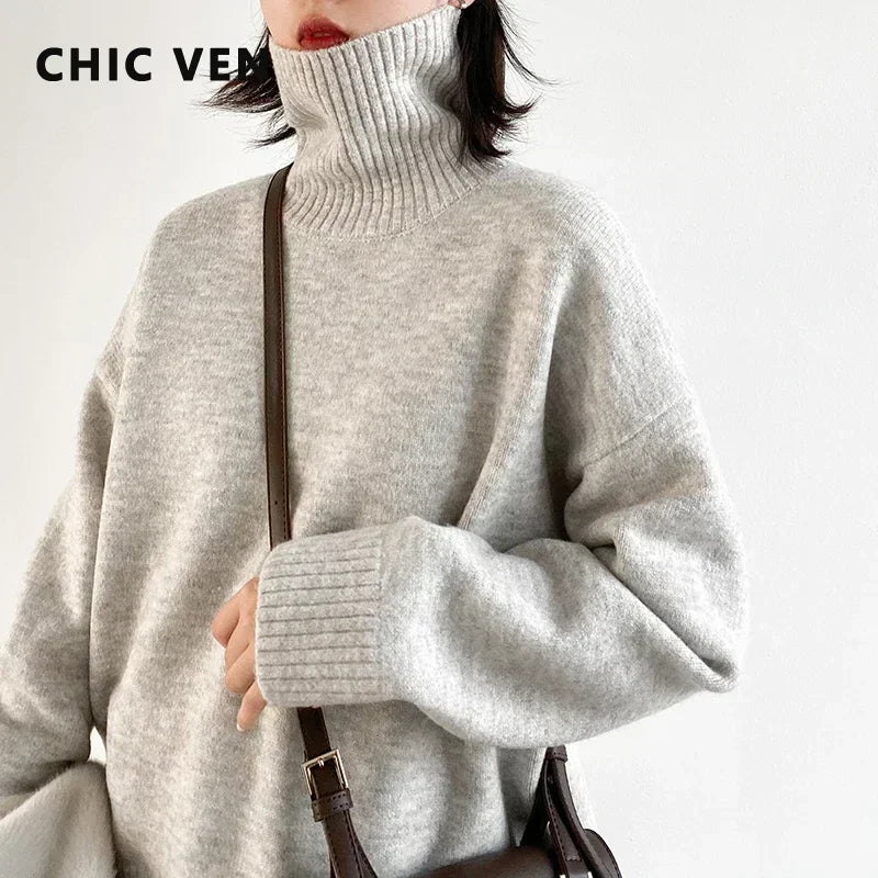 CHIC VEN Women's Loose Turtleneck Jumper – Warm Knitted Winter Sweater