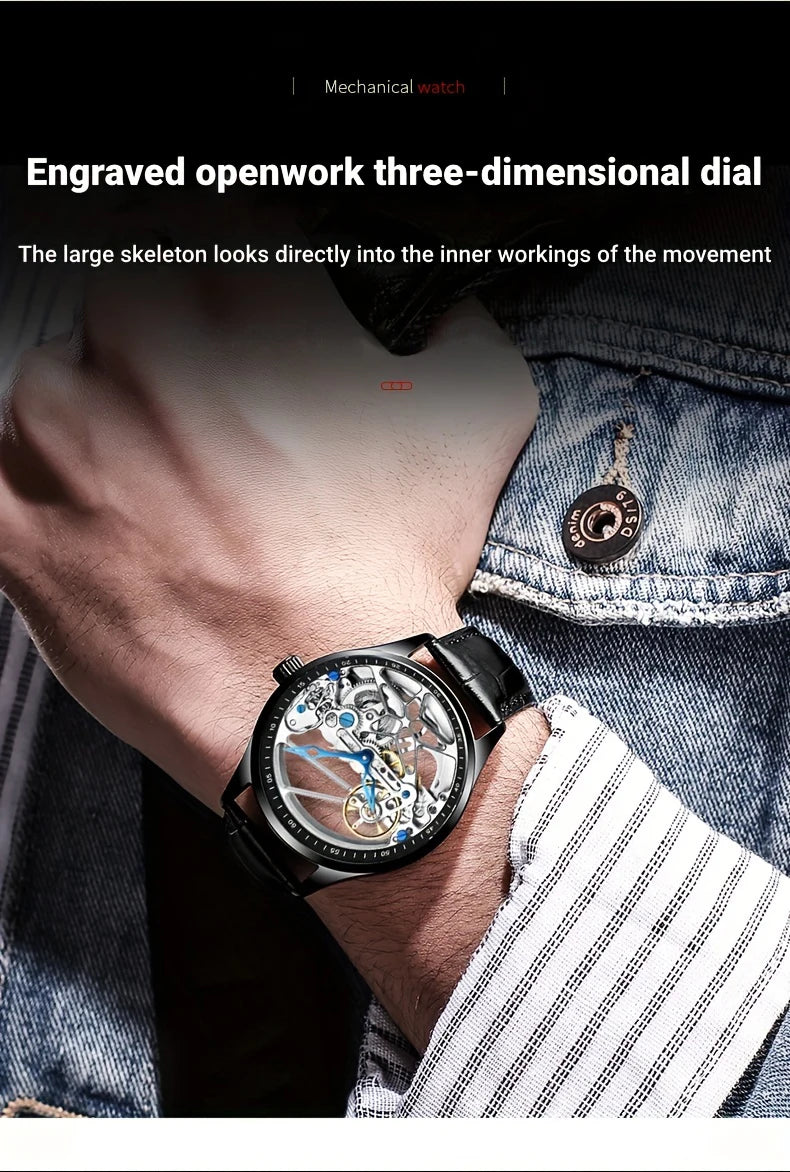 AILANG Men's Sports Automatic Watch – Leather Strap, Luminous Hollow Dial