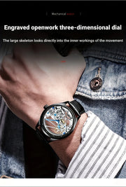 AILANG Men's Sports Automatic Watch – Leather Strap, Luminous Hollow Dial
