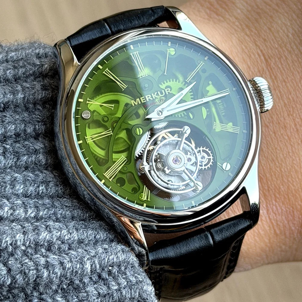 Merkur Men's Tourbillon Skeleton Watch – Sapphire, Green Dial