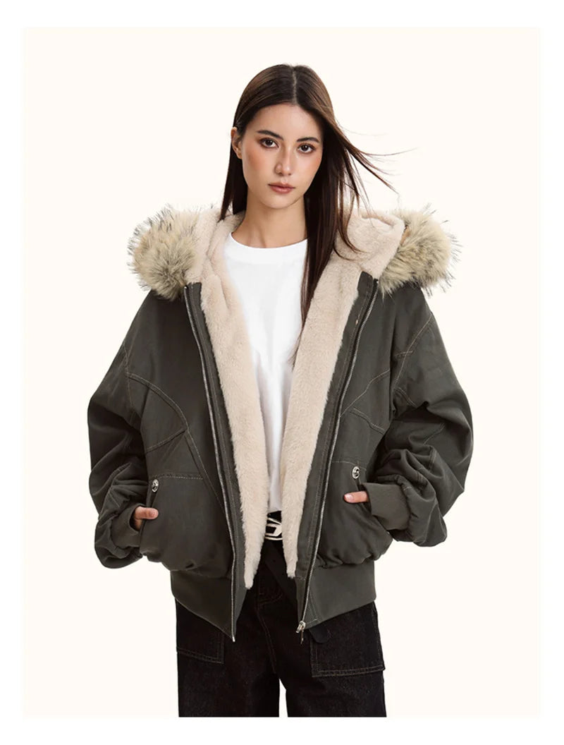 ZAROY Fur-Collar Hooded Parka – Thick Padded Y2K Winter Coat