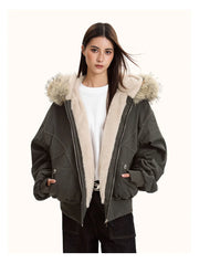 ZAROY Fur-Collar Hooded Parka – Thick Padded Y2K Winter Coat
